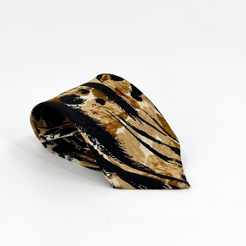 Vintage 90s Picasso Tan Black 100% Silk Leopard Print Necktie